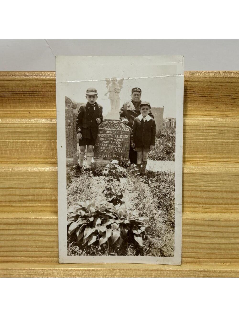 Original 1930s Cemetery Family Photograph Pellicione Gravestone Genealogy Photo